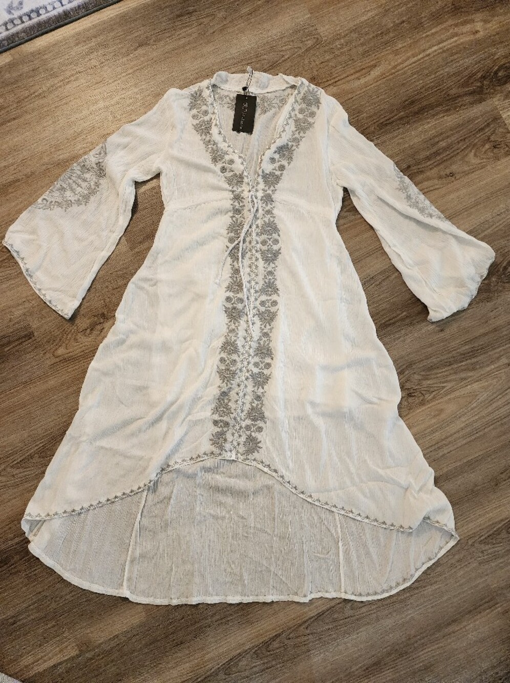 Women's White High-Low Dress with Gray Embroidery